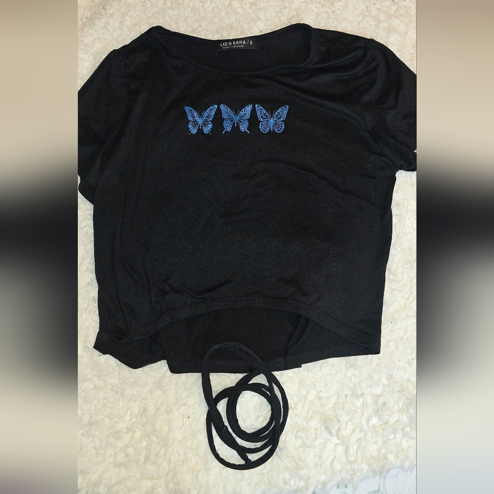 Luxe & Sassy Black Crop Top with Blue Butterfly Design